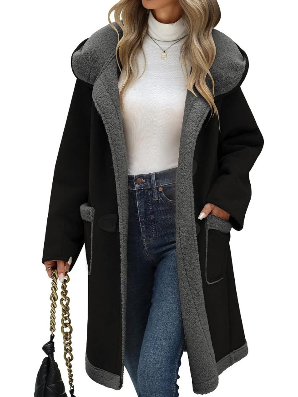 Women's Black Polyester Long Sleeve Casual Outfits Pocket Knee Length Jackets